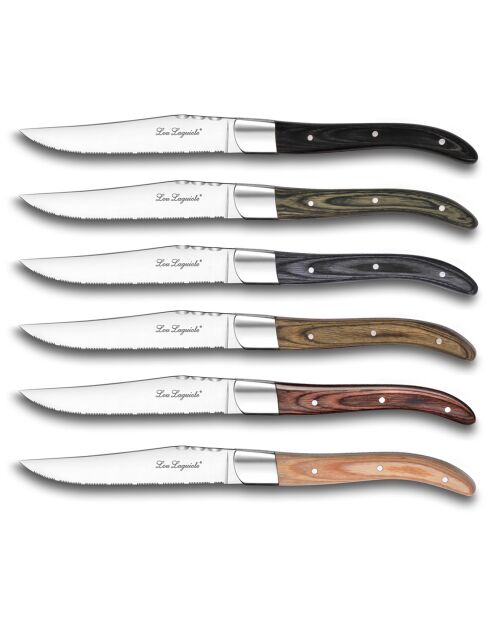 6 Couteaux steak Louis bois pakka mixés multicolores