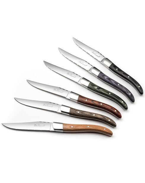 6 Couteaux steak Louis bois pakka mixés multicolores