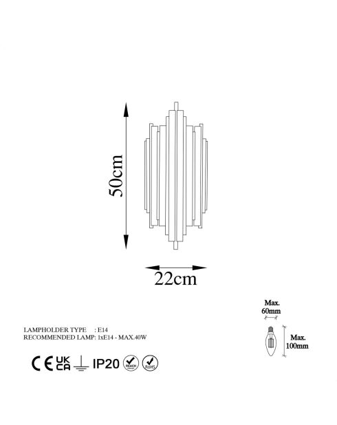 Reis Wandlampe schwarz - 18x40x8 cm