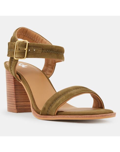 Sandales en Velours de Cuir bride simple kaki - Talon 7,5 cm