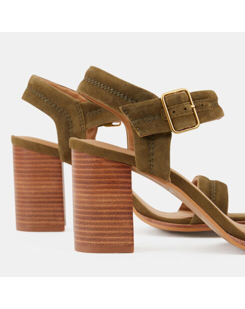 Sandales en Velours de Cuir bride simple kaki - Talon 7,5 cm