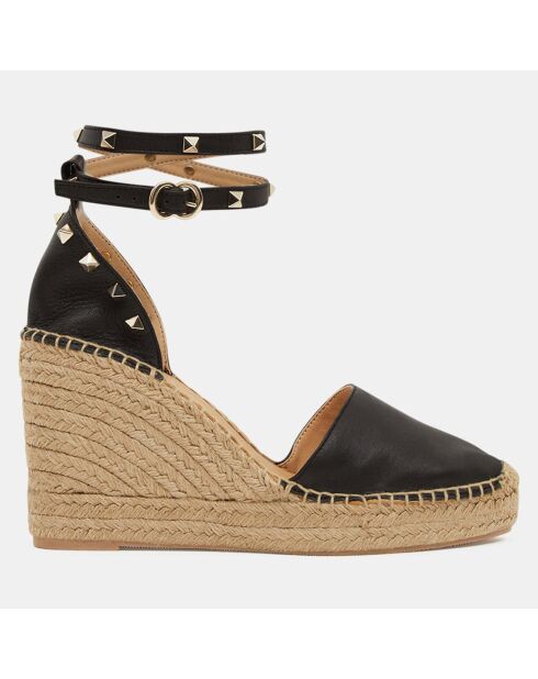 Schwarze Espadrilles aus Leder mit Keilabsatz, 10 cm Absatz