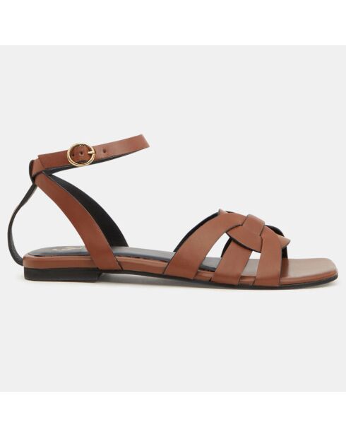 Camelkleurige leren sandalen met enkelbandje