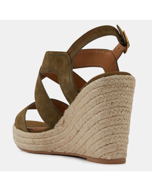 Sandales compensées en Velours de Cuir kaki - Talon 10 cm