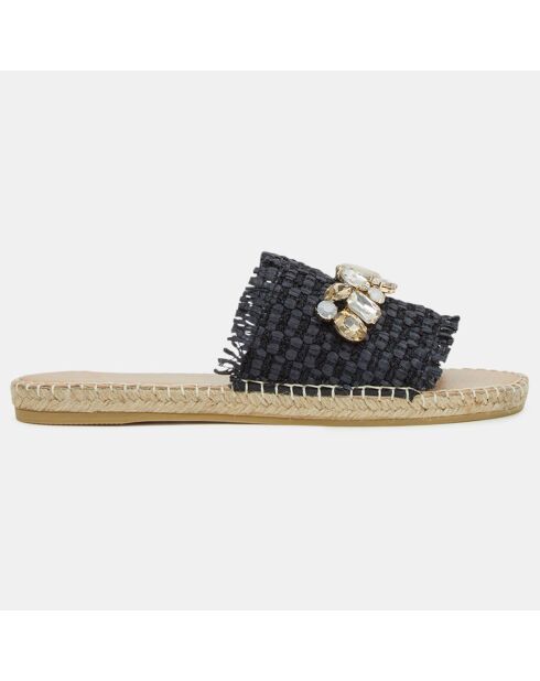 Platte muiltjes van gevlochten vezels met zwarte sieraden