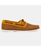 Chaussures bateau en Velours de Cuir bicolore cognac/Camel