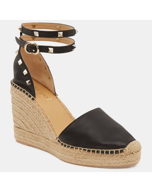 Schwarze Espadrilles aus Leder mit Keilabsatz, 10 cm Absatz