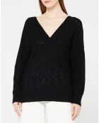 Pull en Laine & Cachemire Frani col V en maille ajourée noir