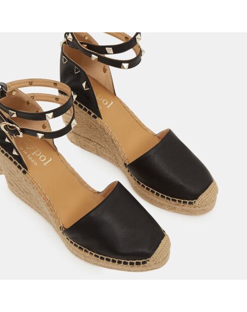 Schwarze Espadrilles aus Leder mit Keilabsatz, 10 cm Absatz