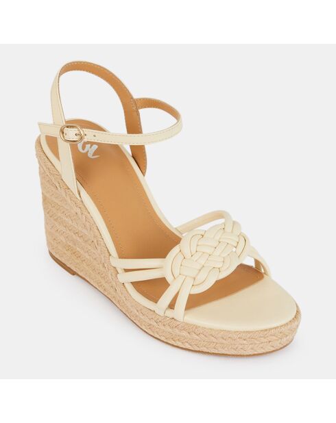 Sandali espadrillas con zeppa in pelle annodata color avorio - tacco 9,5 cm