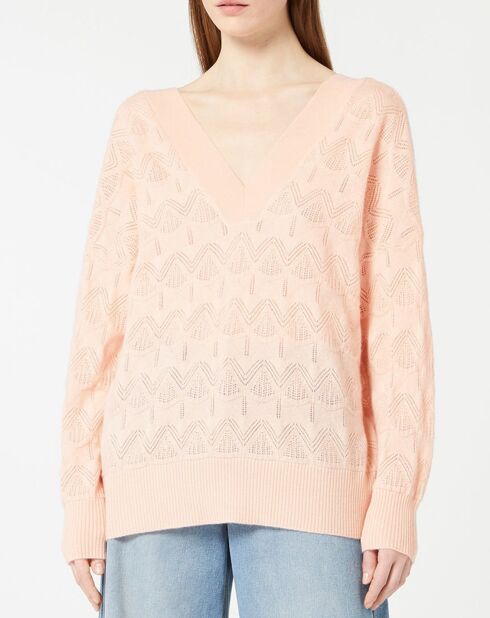 Pull en Laine & Cachemire Frani col V en maille ajourée rose clair