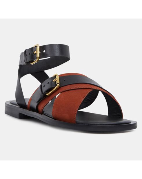 Sandalias de piel con hebilla negra/oxidada y correa cruzada