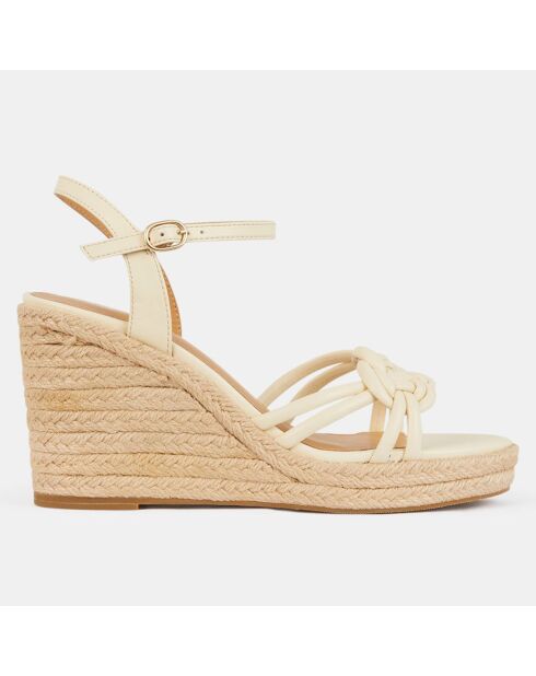 Sandali espadrillas con zeppa in pelle annodata color avorio - tacco 9,5 cm
