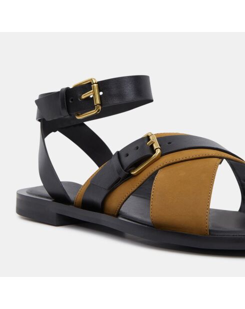 Sandalias de piel negra/caqui con tiras cruzadas y hebilla