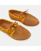 Chaussures bateau en Velours de Cuir bicolore cognac/Camel