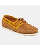 Chaussures bateau en Velours de Cuir bicolore cognac/Camel