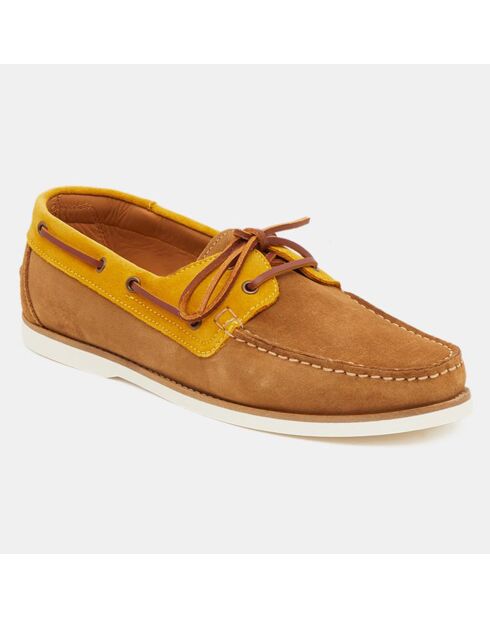 Chaussures bateau en Velours de Cuir bicolore cognac/Camel