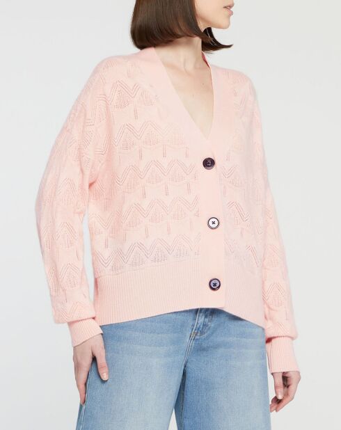 Cardigan en Laine & Cachemire Fabiola ajouré col V rose clair