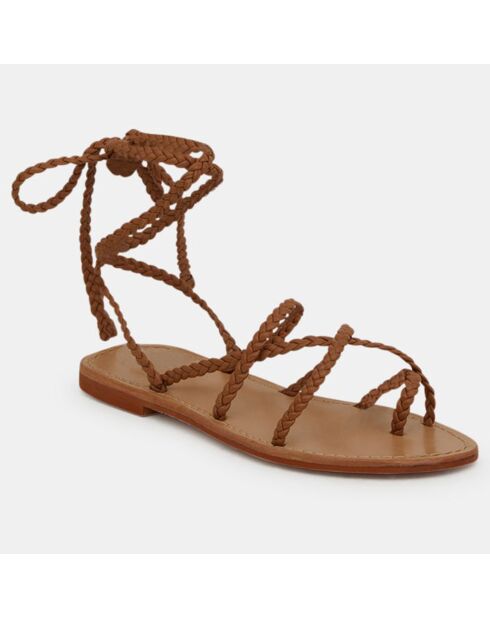 Braune geflochtene Ledersandalen mit Knöchelschnürung