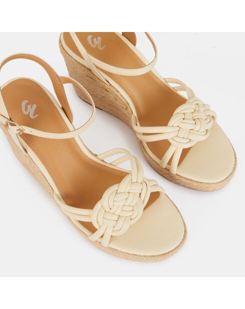 Sandali espadrillas con zeppa in pelle annodata color avorio - tacco 9,5 cm