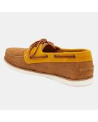 Chaussures bateau en Velours de Cuir bicolore cognac/Camel