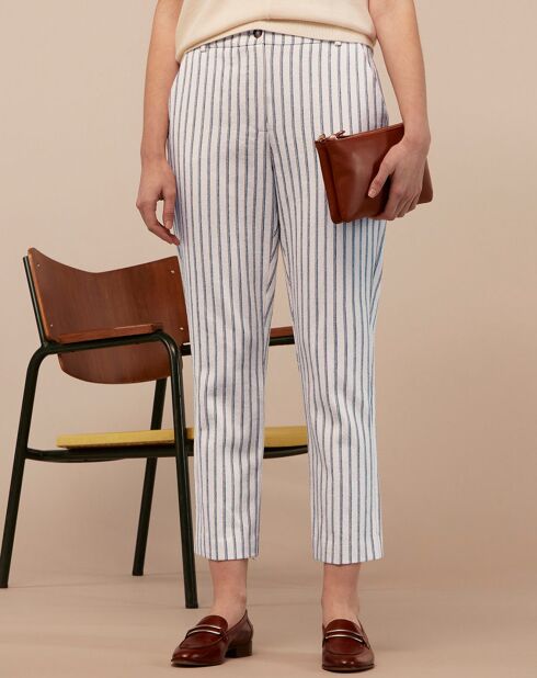 Pantalon de tailleur en Coton & Lin Amos écru/bleu