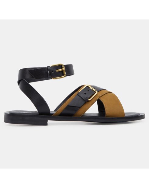 Sandalias de piel negra/caqui con tiras cruzadas y hebilla