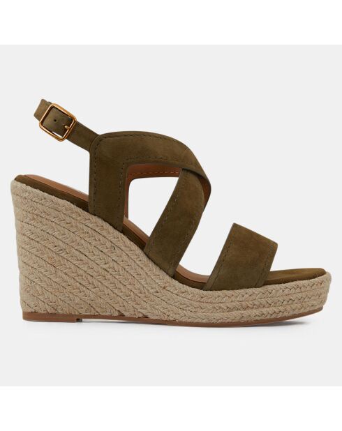 Sandales compensées en Velours de Cuir kaki - Talon 10 cm