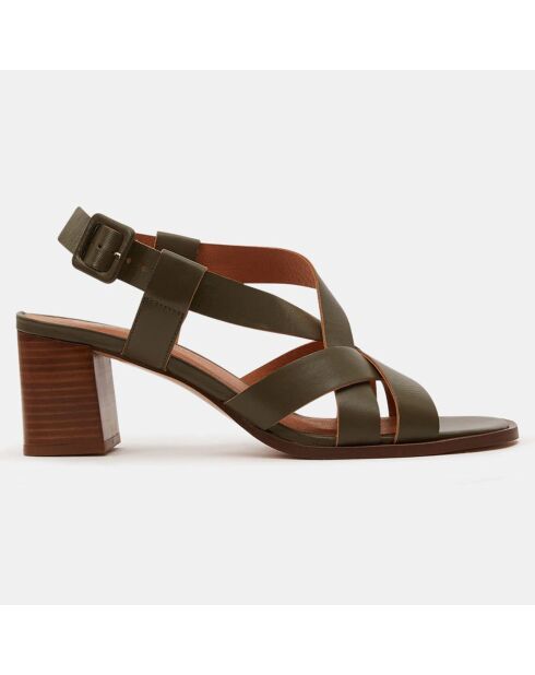 Sandales en Cuir à brides croisées kaki - Talon 5,5 cm
