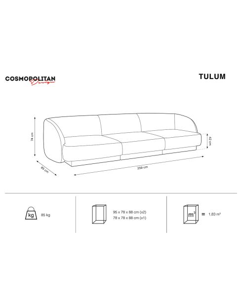 Canapé Velours Tulum 3 Places beige clair - 259x85x74 cm