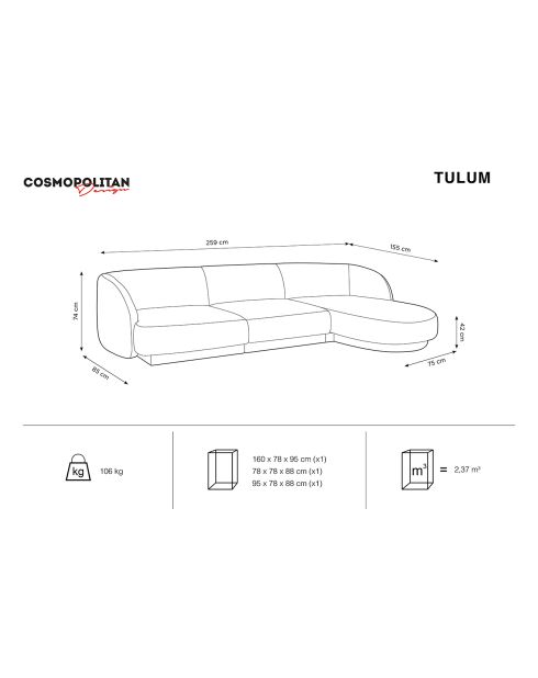 Canapé d'angle Droit Velours Tulum 4 Places gris - 259x155x74 cm