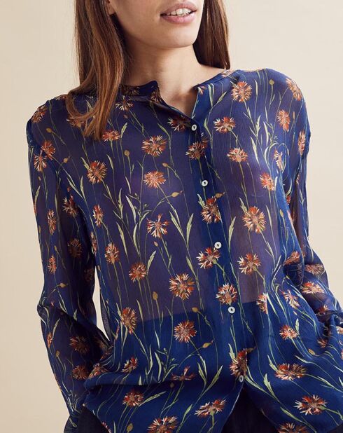 Chemise Cesar à fleurs transparente bleu marine