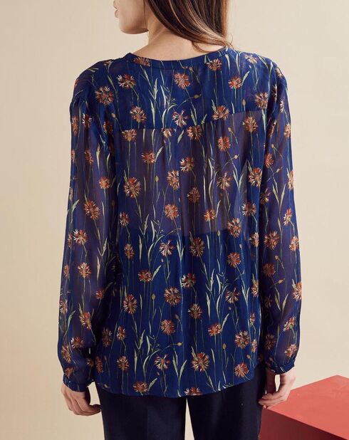 Chemise Cesar à fleurs transparente bleu marine