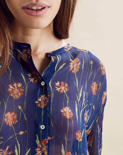 Chemise Cesar à fleurs transparente bleu marine