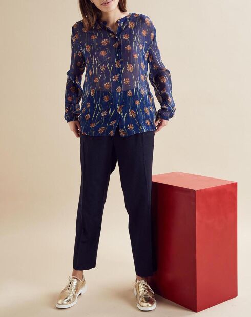 Chemise Cesar à fleurs transparente bleu marine