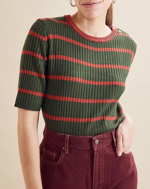 Pull Sabine à rayures kaki/rouge