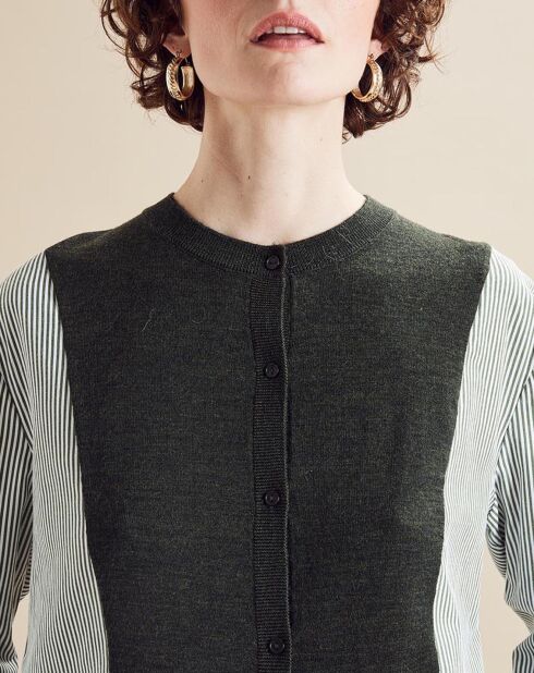 Chemise bimatière 100% Laine Charlotte rayée verte