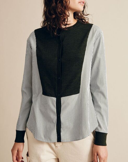 Chemise bimatière 100% Laine Charlotte rayée verte
