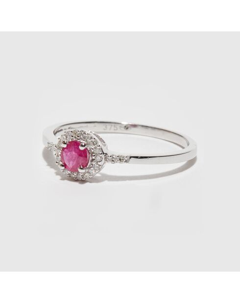 Bague Rond Diamant 0.09 ct & Rubis 0.35 ct or blanc