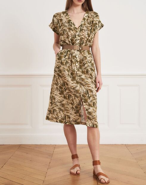 Roberte-jurk van 100% linnen beige/kaki met bladeren