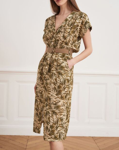 Roberte-jurk van 100% linnen beige/kaki met bladeren