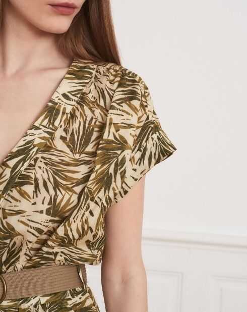 Roberte-jurk van 100% linnen beige/kaki met bladeren