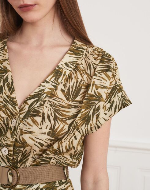 Roberte-jurk van 100% linnen beige/kaki met bladeren