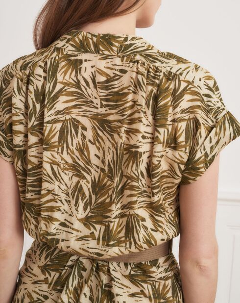 Roberte-jurk van 100% linnen beige/kaki met bladeren