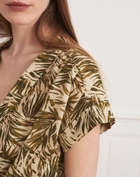 Roberte-jurk van 100% linnen beige/kaki met bladeren