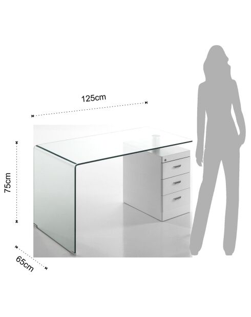 Bureau avec plateau en verre bombé bow blanc/chrome - 75x125x65 cm
