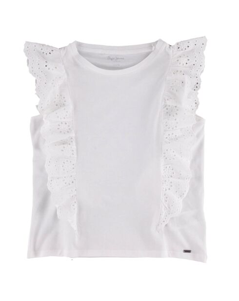 T-Shirt en Coton sans manches à volant broderie hill blanc