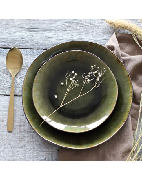 6 Assiettes plates en grès Meta vertes - D.27.5 cm