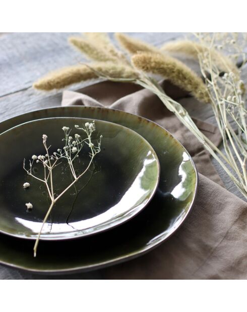 6 Assiettes plates en grès Meta vertes - D.27.5 cm