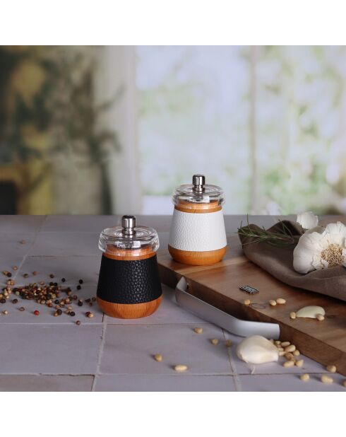 Moulin à sel en bois de hêtre effet cuir blanc